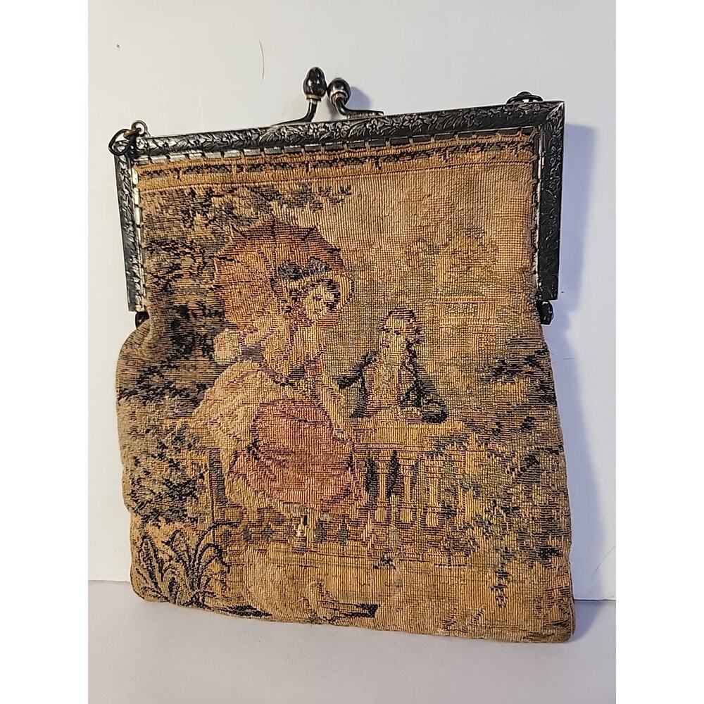Antique Tapestry Bag/Purse Victorian Romance Garden Scene Couple/Girl With Puppy
